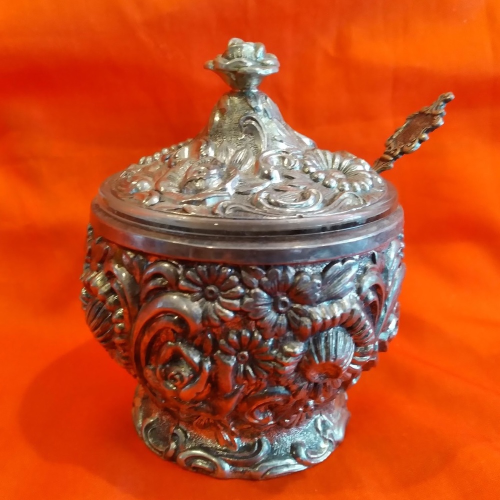 Ornate Silver Floral Sugar Bowl with Spoon - Decorative, handmade.